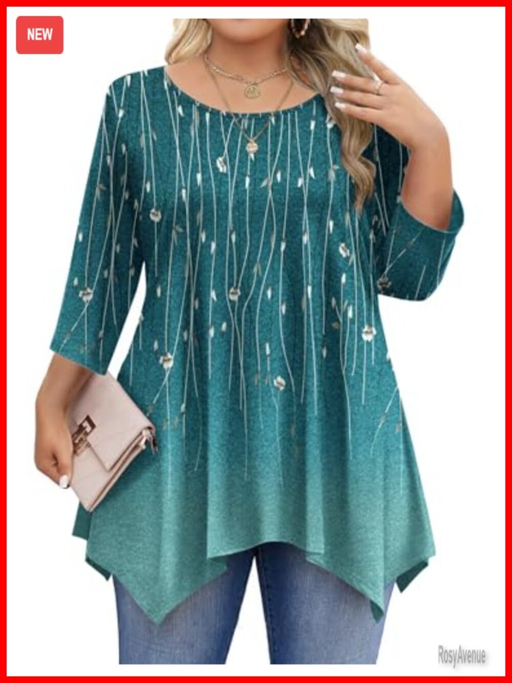 Plus Size 3/4 Sleeve Tunic Top Floral Loose Fit Peasant Blouse